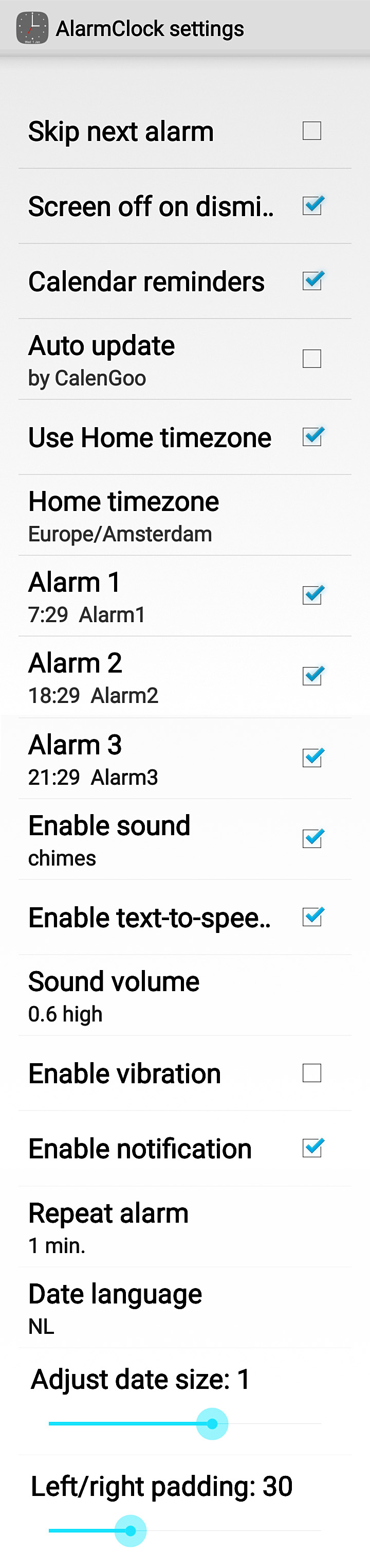 AlarmClock settings